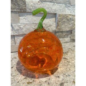 Art Glass Orange Pumpkin Green Applied Stem Artist Signed Heritage Designs 6”